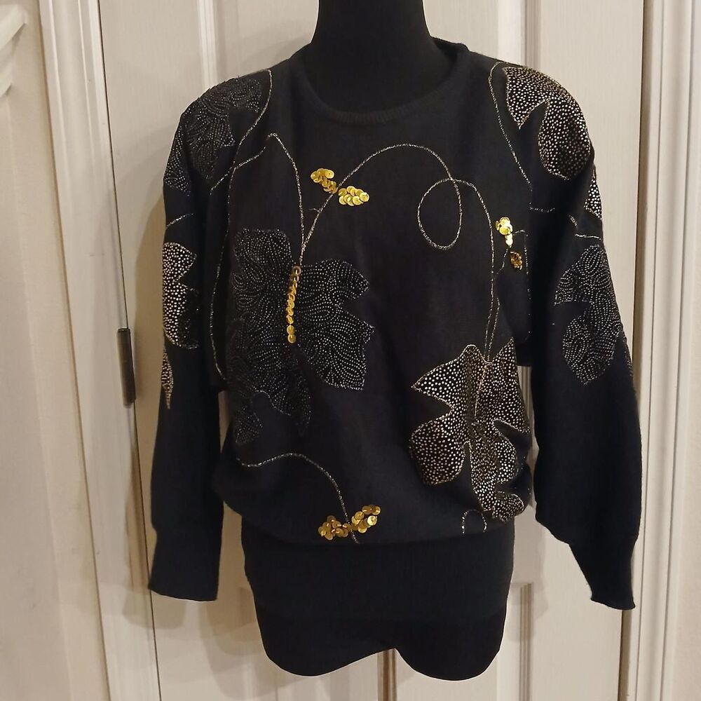 Regency Collection Joyce Vintage 80s Black Crewneck Sweater Gold Sequin Leaves M